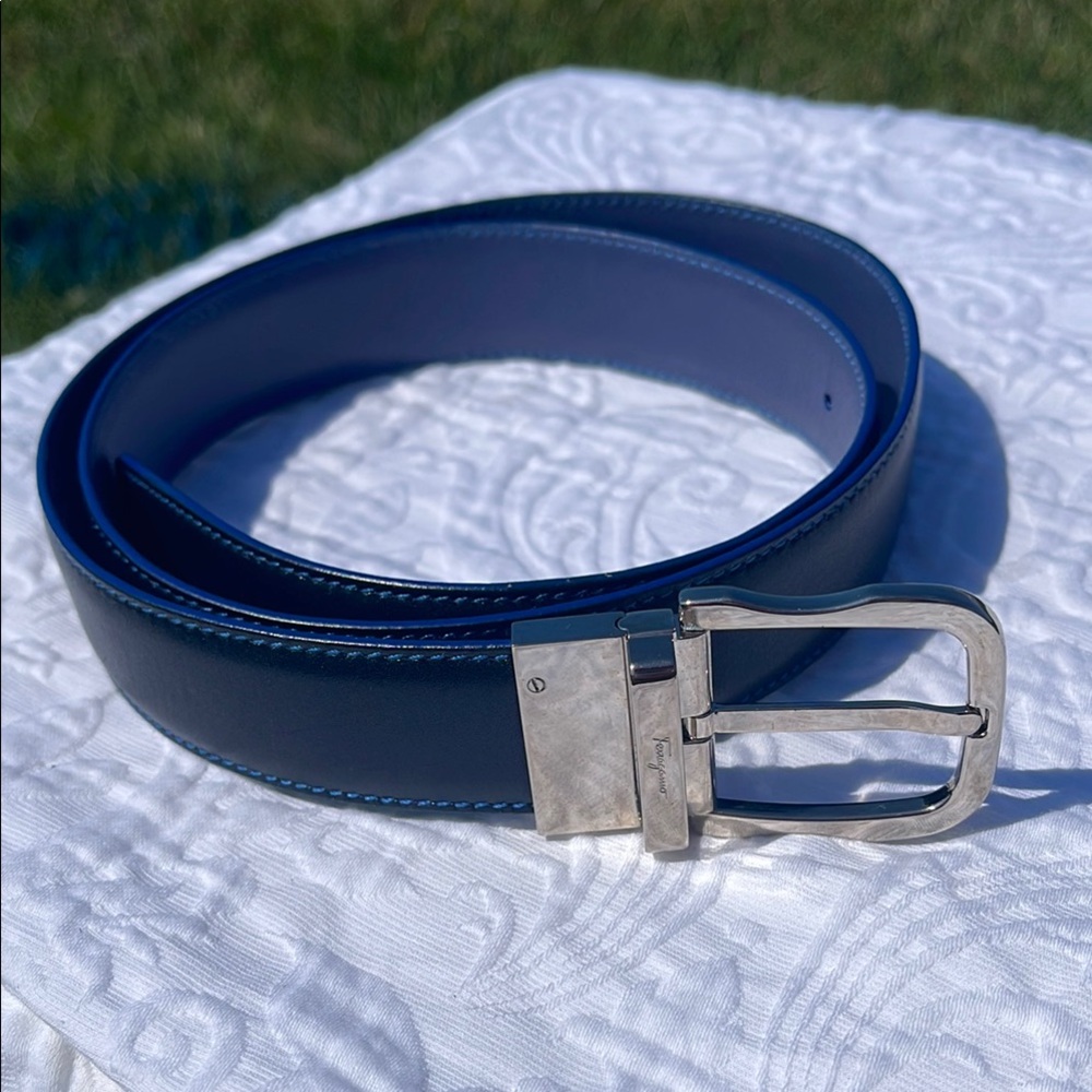 Salvatore Ferragamo Mens Blue & black reversible leather Belt with Silver Buckle